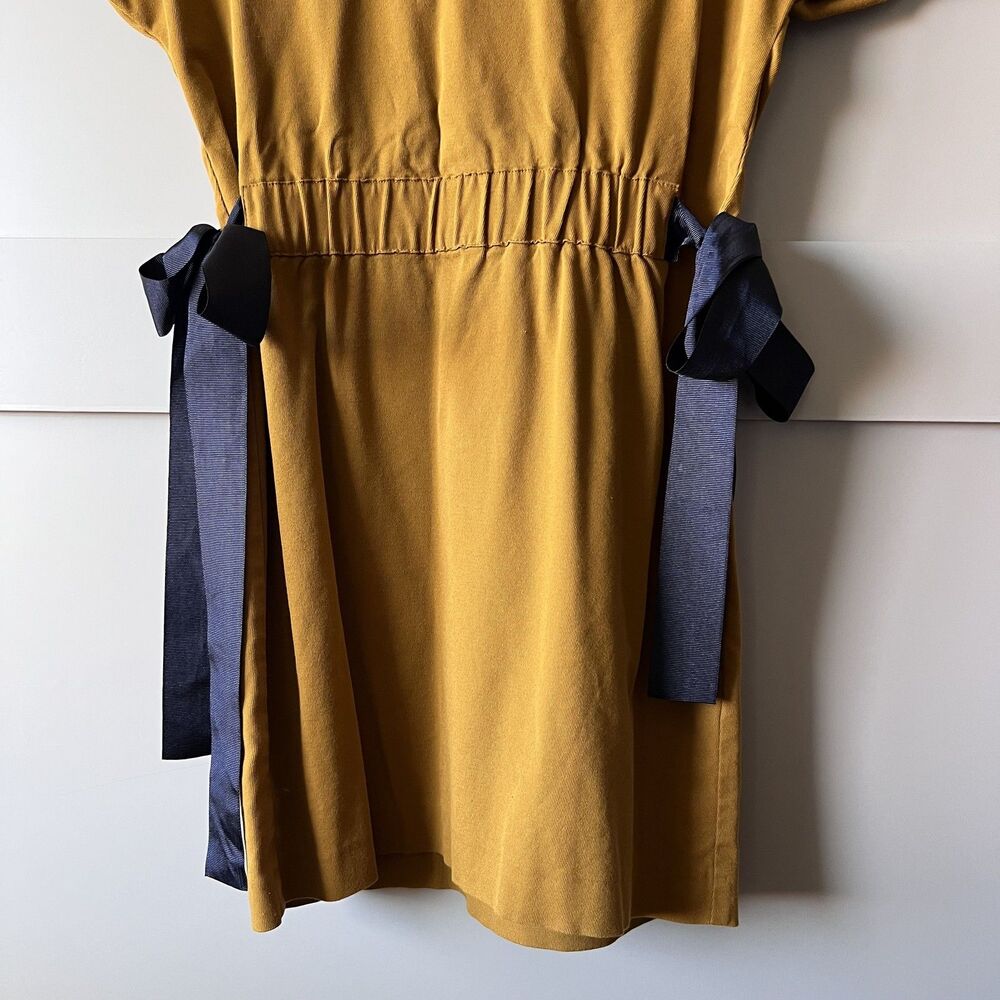 Zara Trafaluc‎ Mini Dress Womens XS Tan Yellow Short Sleeve Bow Tie Fit Flare - Picture 3 of 15